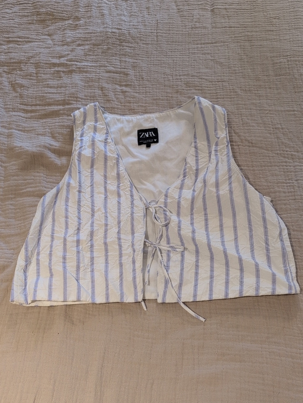 ZARA White and Light Blue Striped Tie-Front Crop Top